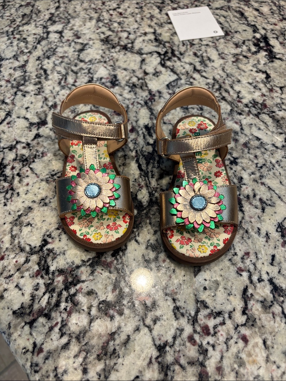 Boden Metallic Gold Floral-Tile Sandals with Colorful Flower Accent Size 9.5